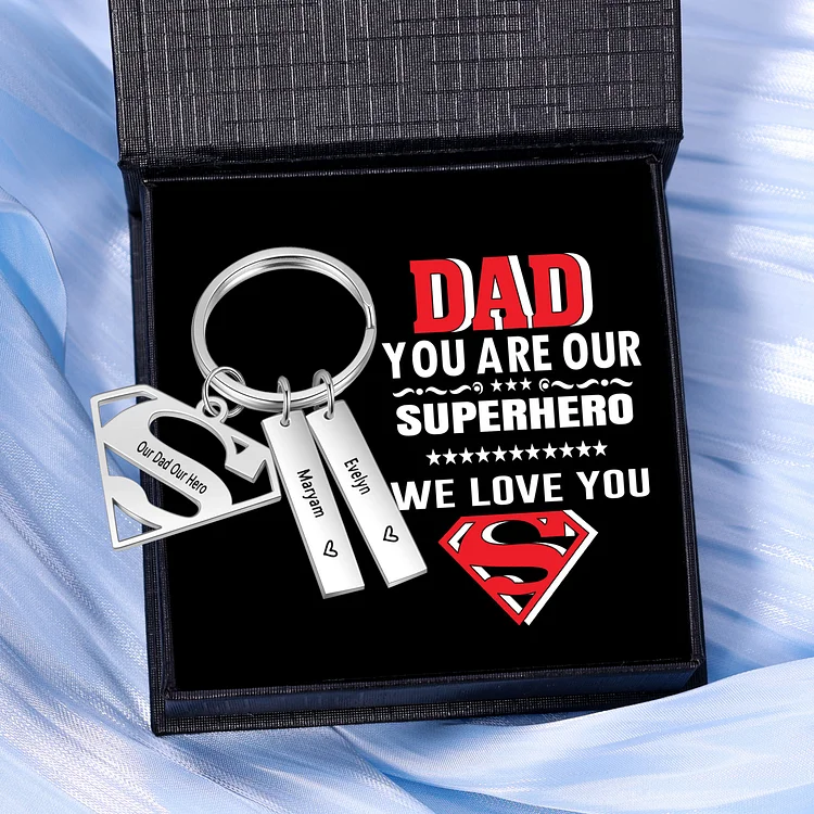 Custom Superhero Dad Sign Keychain Engrave 2 Names For Dad