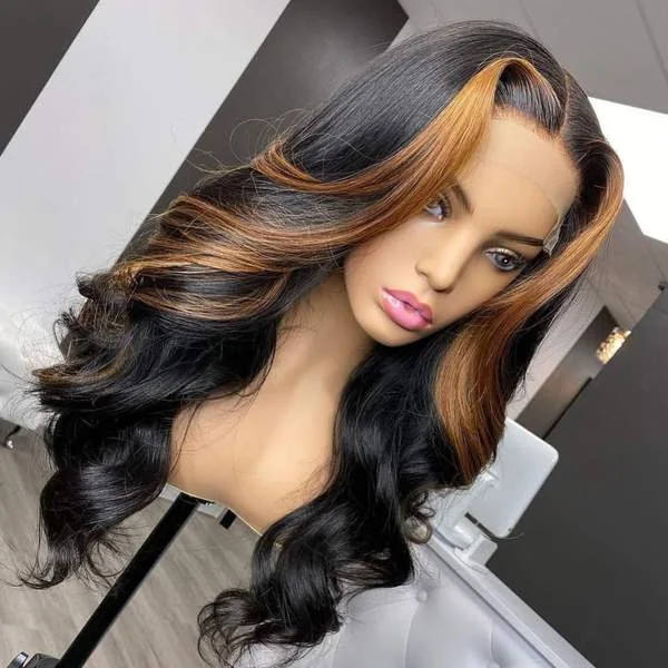 Ombre Honey Brown Highlight Colored Natural Wave Lace Frontal Wig