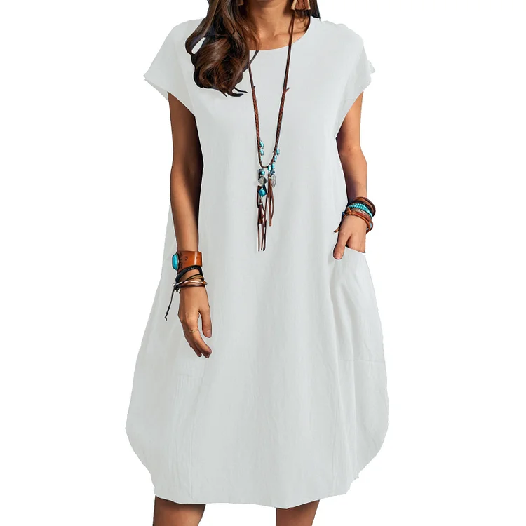Cotton and Linen Loose Casual Solid Color Dress VangoghDress