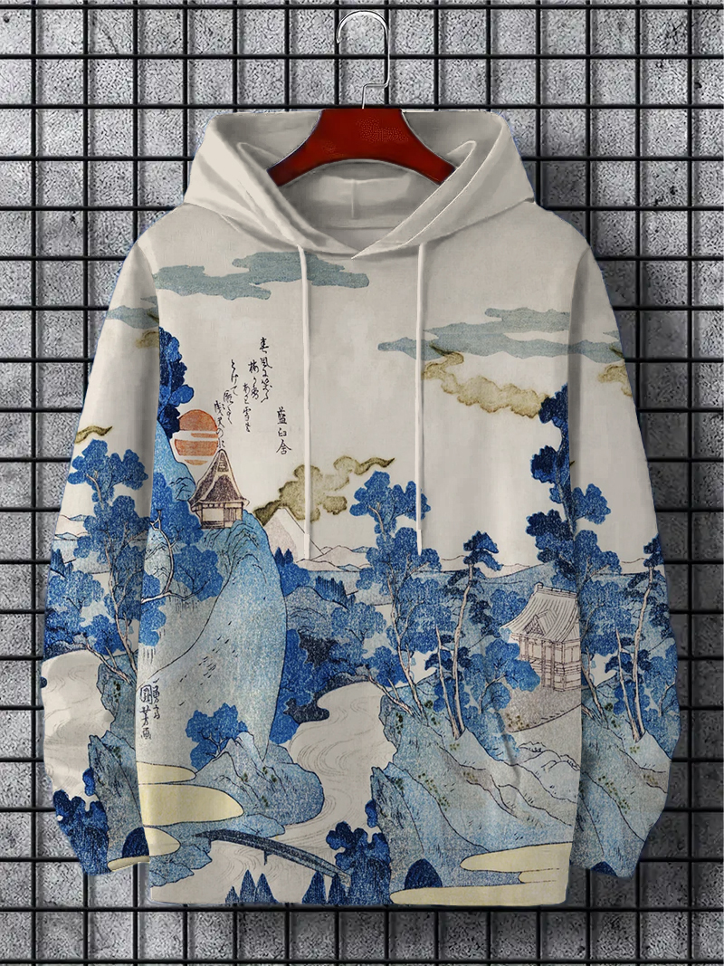 Cozy Sweatshirt Japanese Print Art Men\'s Landscape Hooded
