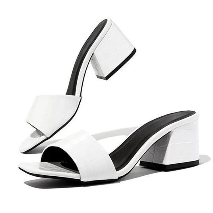 PU Leather Open Square Toe Slippers Chunky Heels - White
