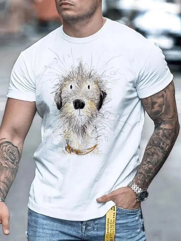Men's Funny Fluffy Cute Dog Portrait Art Print Casual T-Shirt