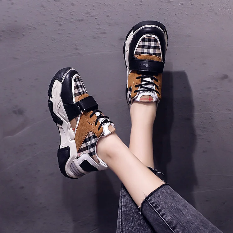 Plaid Print Velcro Lace-up Muffin Sneaker  Stunahome.com