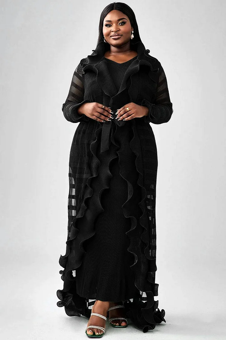 Plus Size Semi Formal Dress Set Black See-Through Ruffle Knitted Two Piece Maxi Dress Set [Pre-Order]