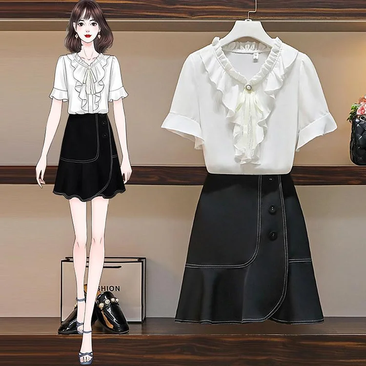 Chiffon Tee+Solid Color Skirt P10788