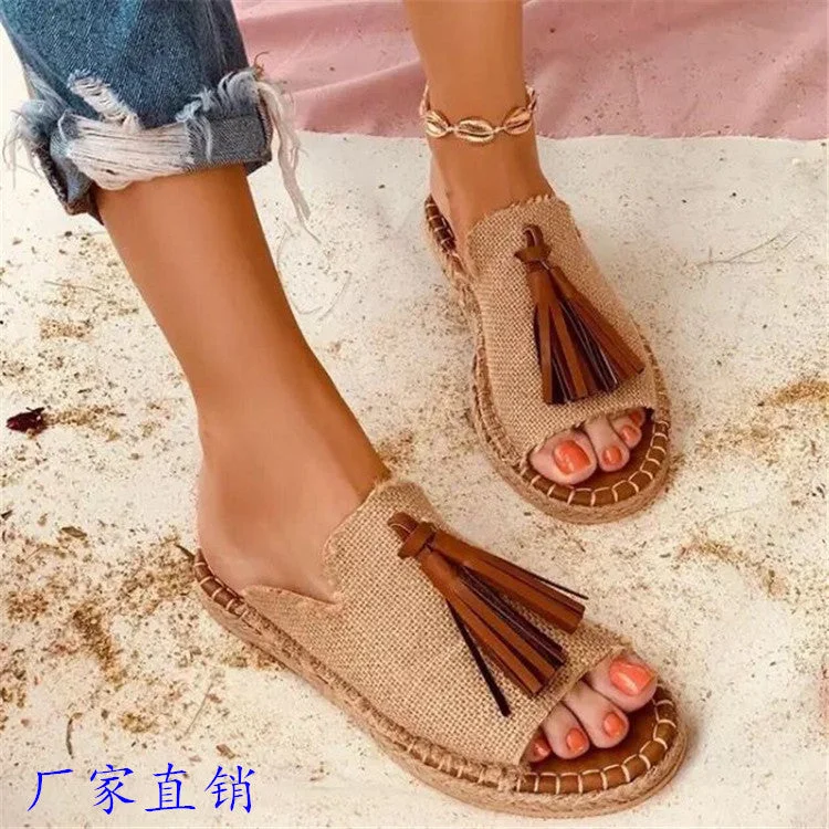 Women's Round Toe Hemp Rope Outer Wear Casual Sandals & Slippers