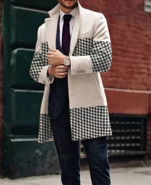 Houndstooth Print Panel Notch Collar Coat