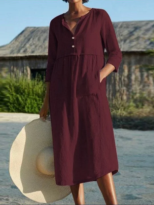 Women's Loose V-Neck Button Solid Color Linen Dress