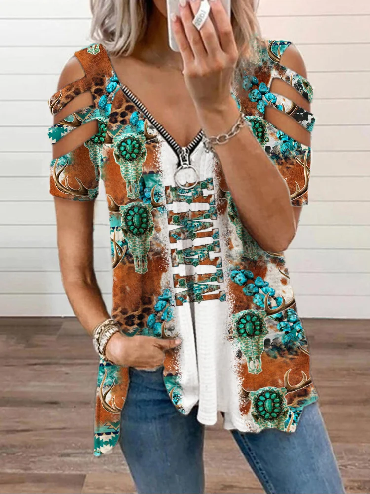 Comstylish MAMA Turquoise Western Print V-Neck Off-Shoulder Zip T-Shirt