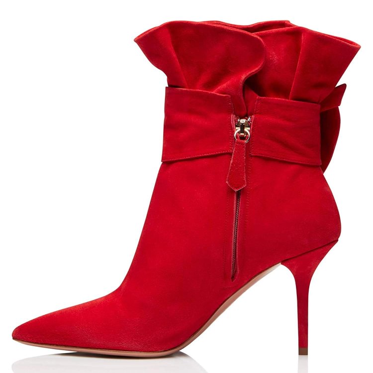 Red Pointy Toe Ruffle Buckle Stiletto Heels Ankle Booties |FSJ Shoes