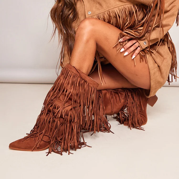 Vegan Suede Pointed Toe Slip-On Brown Cowgirl Boots with Fringe |FSJ Shoes