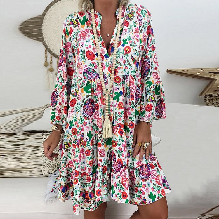VChics Printed Stand Collar Button Ruffle Dress