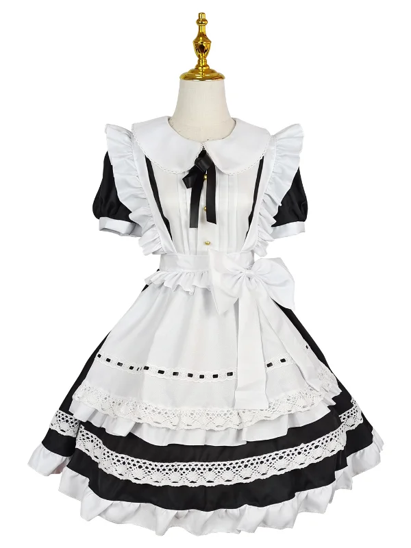Cosplay Tiered Lace-up Peter Pan Collar Bubble Sleeve Bowknot Mini Maid Dress 