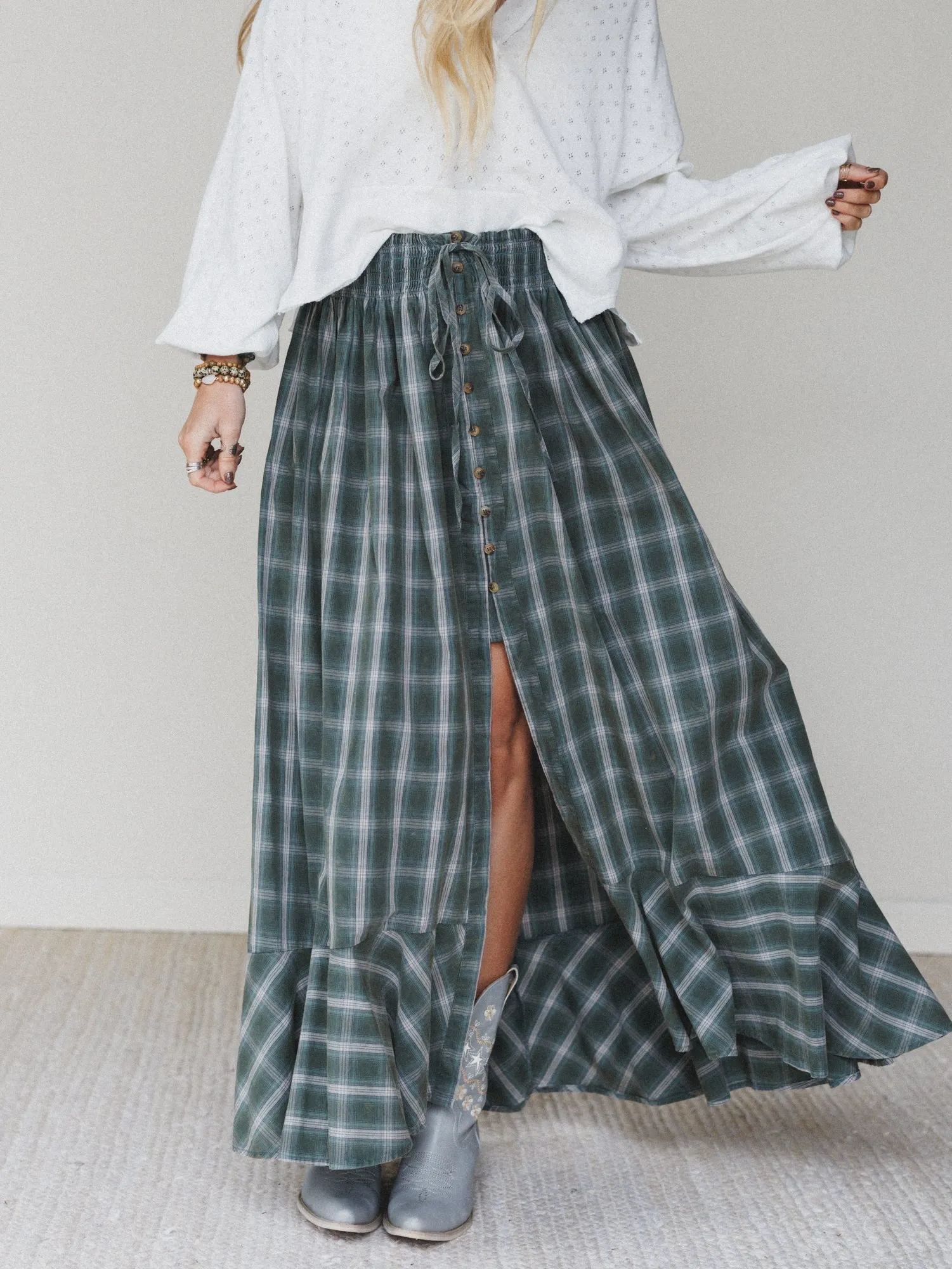 Bonfire Bloom Plaid Skirt - Olive