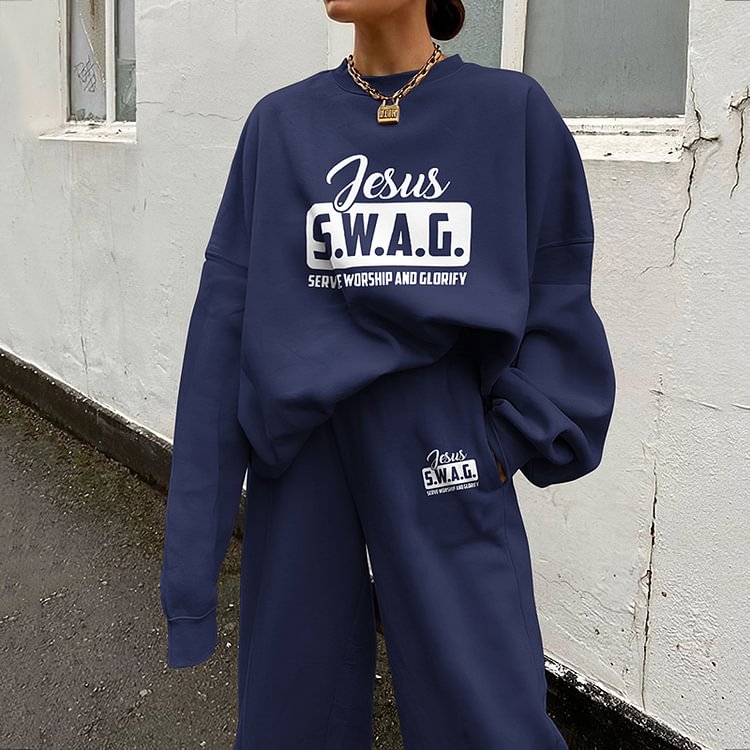 Comstylish Fashion Loose Letters Faith Print Sweatshirt Two Piece Set