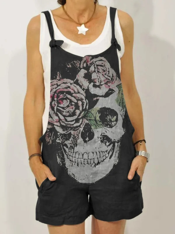 Loose floral skull casual overalls jumpsuit