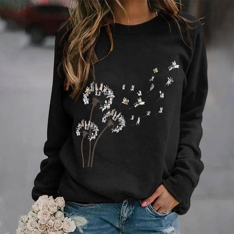 Vefave Dandelion Dog Print Crew Neck Casual Sweatshirt