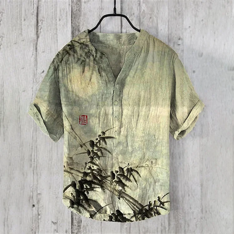 Comstylish Men's Vintage Japanese Art Moon And Bamboo V Neck Casual Linen Blend Shirt