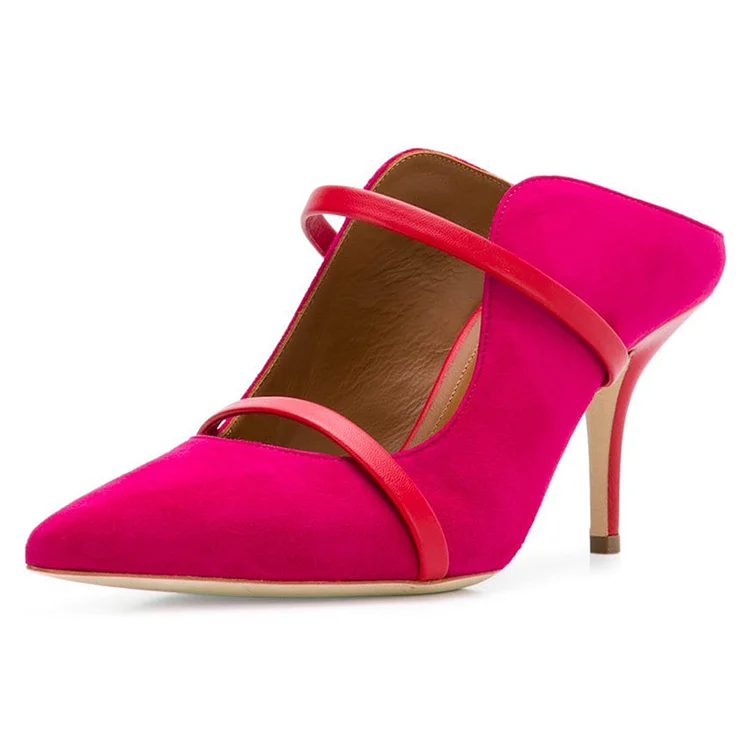 Hot Pink Pointed Toe Red Strap Stiletto Heel Mules Shoes |FSJ Shoes