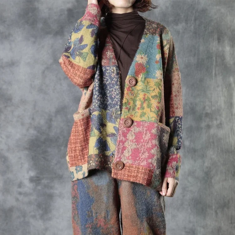 Plus Size - Knitted Floral Autumn Colorful Sweater Coat