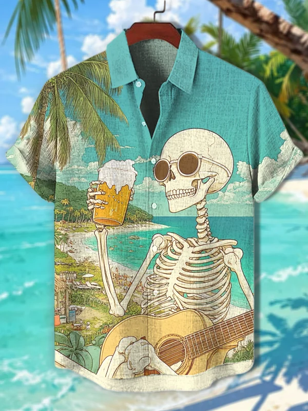 Men's Skeleton Playing Guitar And Drinking Beer Print Short Sleeve Vacation Shirt