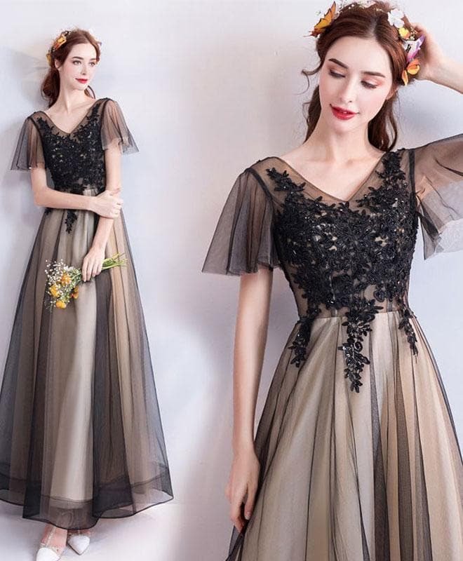 Black V Neck Lace Tulle Long Prom Dress, Black Evening Dress