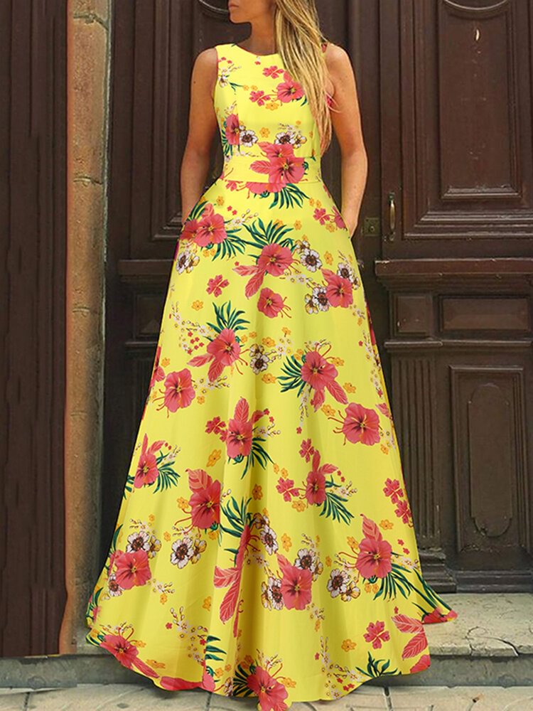 Flower Print A-line Pocket Sleeveless Swing Maxi Dress