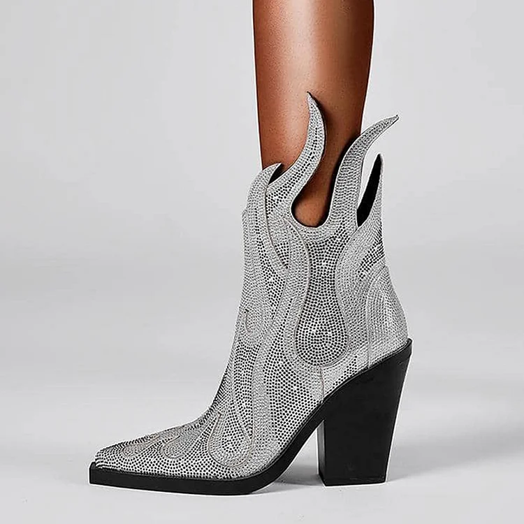 Silver Heeled Booties Pointed Toe Rhinestone Western Boots for Women |FSJ Shoes