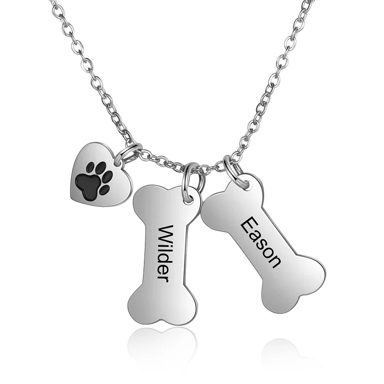 Personalized Dog Bone Necklace with Paw Charm Engraved 2 Names Pet Necklace