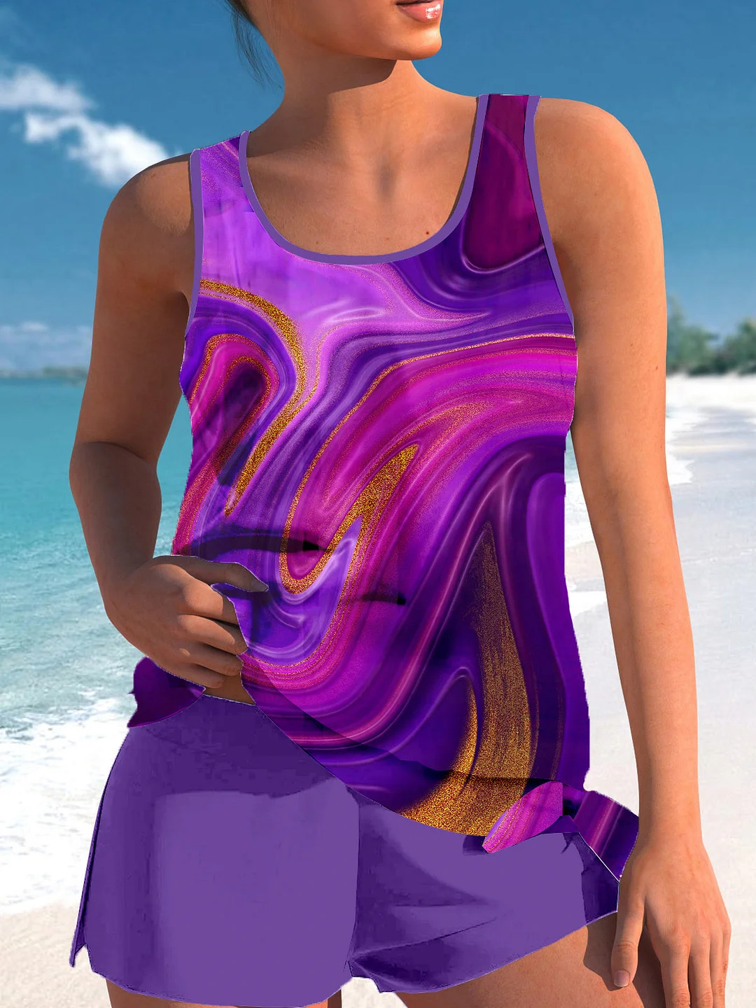 Bowknot Purple Graphic Mid Waisted Tankini Set - Plus Size Available