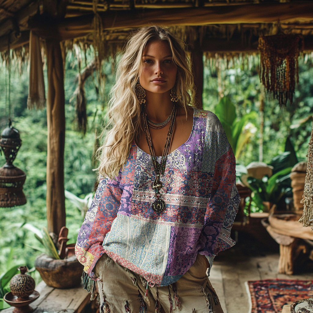 Linen-cotton Blend Bohemian-style Printed Long-sleeved Top - Helixace