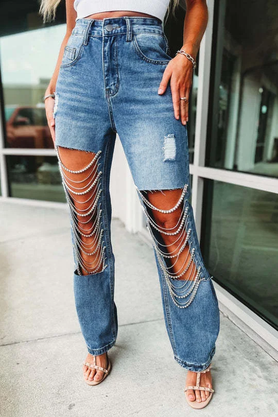 Women's fashion early spring big ripped jeans women chain hanging decorated straight pants_ ecoleips_old