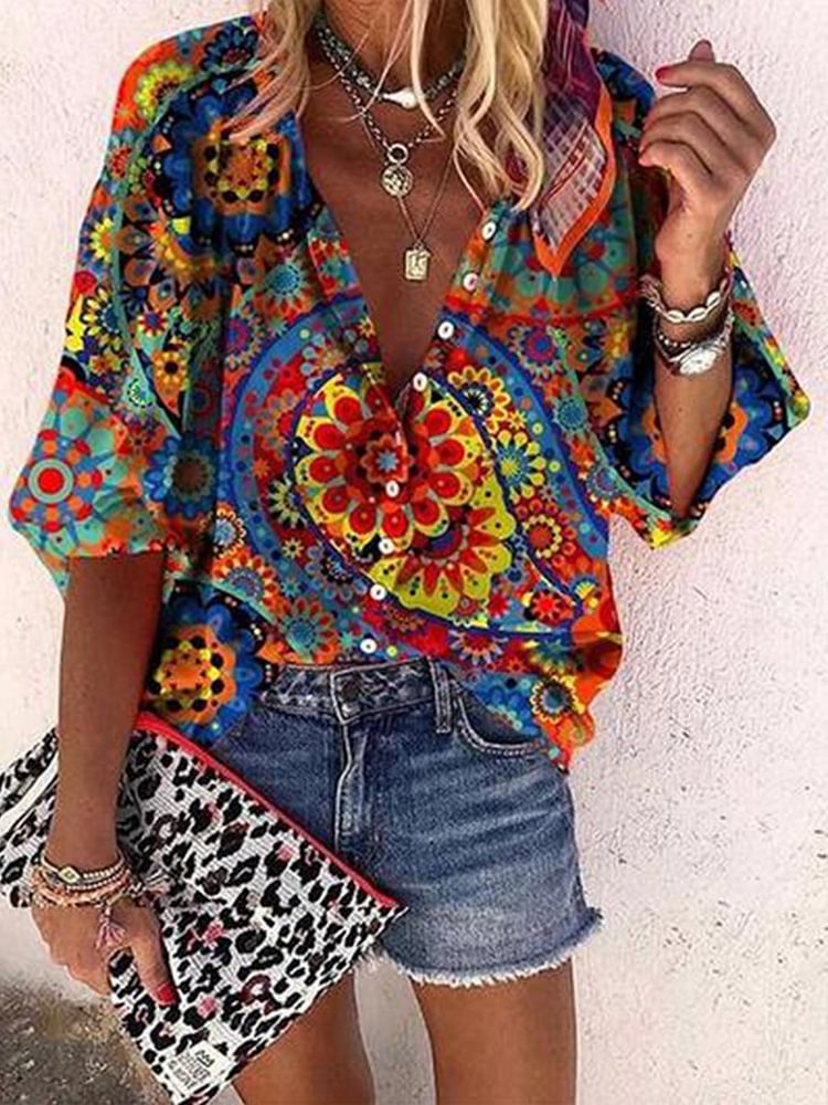 Boho Print Long Sleeve Loose-fit Shirt P10324