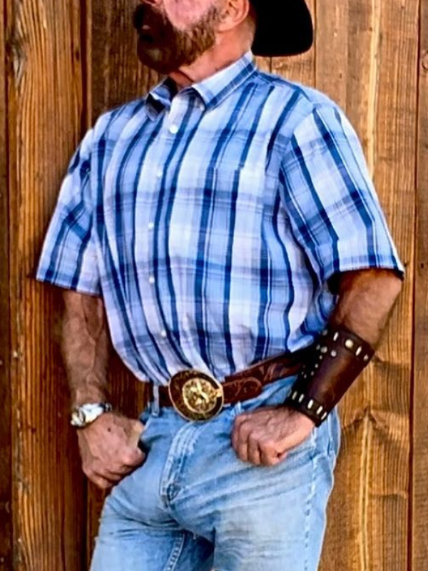 Men's Western Vintage Blue Plaid Short Sleeve Shirt