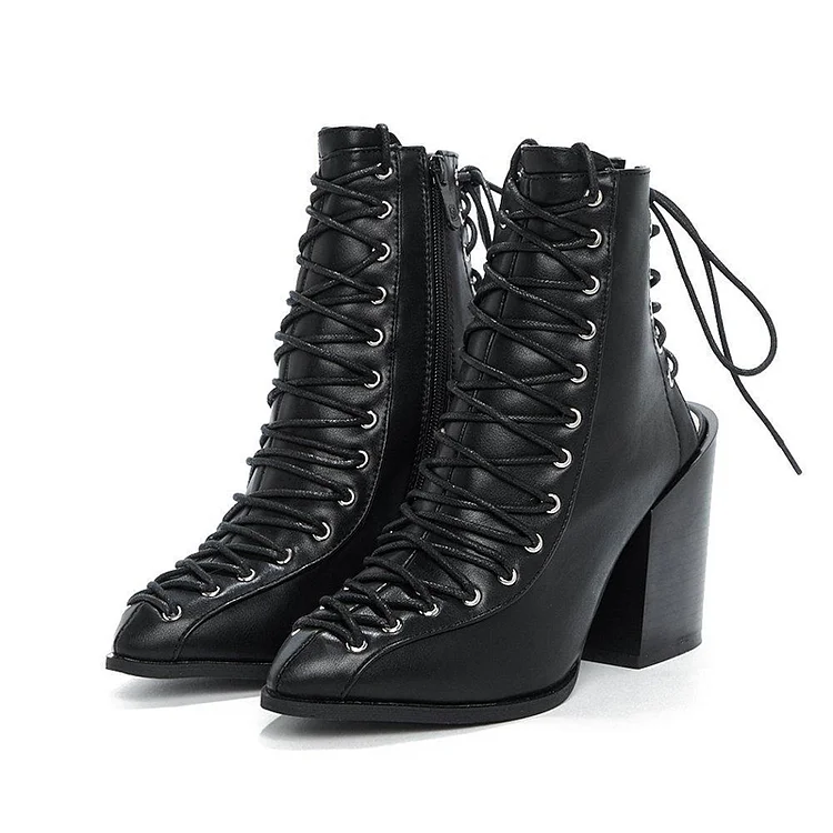 Black Chunky Heel Booties Women's Pointed Toe Lace Up Ankle Boots |FSJ Shoes