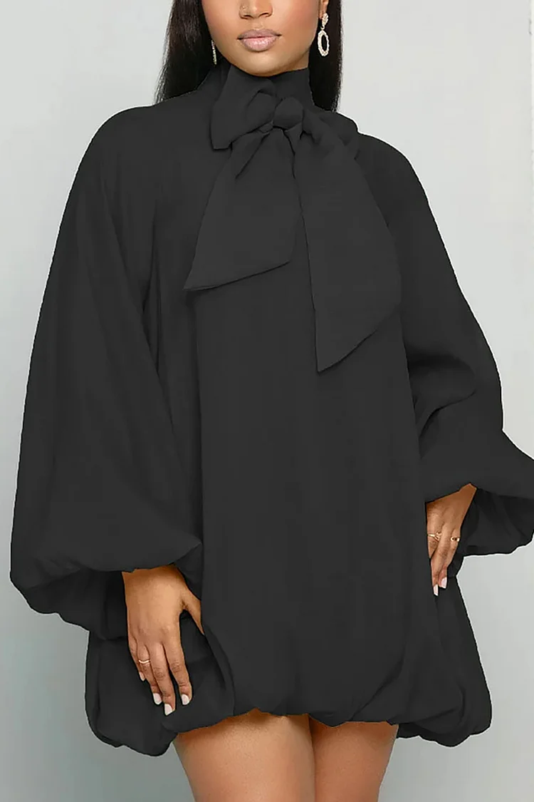 Plus Size Casual Black Bow Lantern Sleeve Mini Dress 