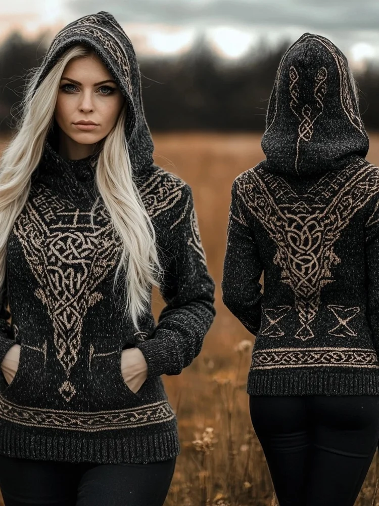 Vintage Viking Vegvisir Celtic Jacquard Hooded Sweater