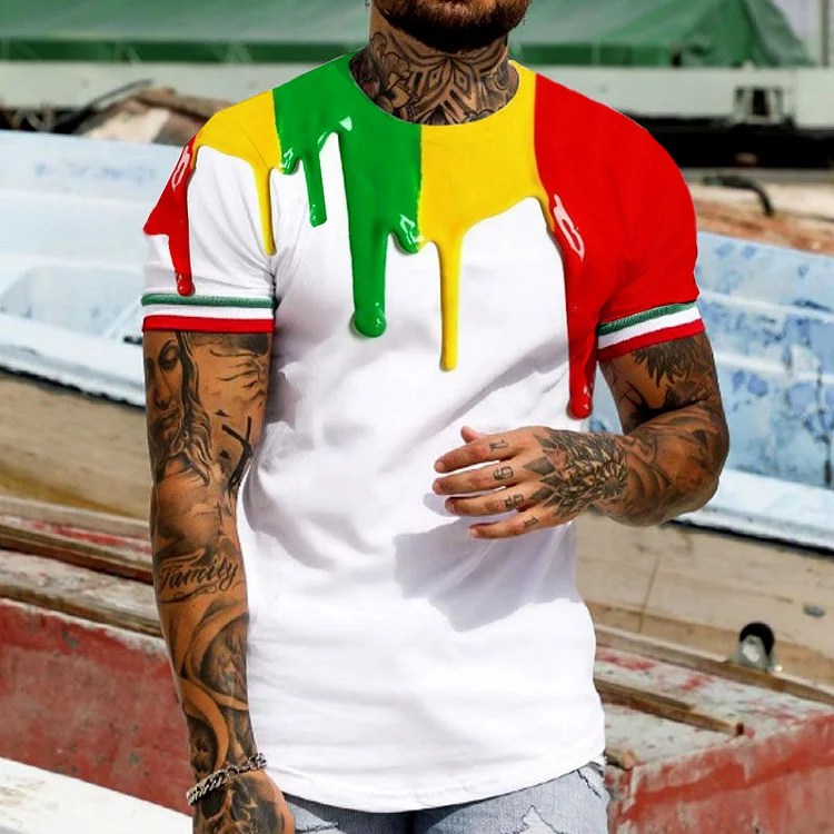BrosWear Trendy Reggae Color Contrast Art Paint Short Sleeve T-Shirt