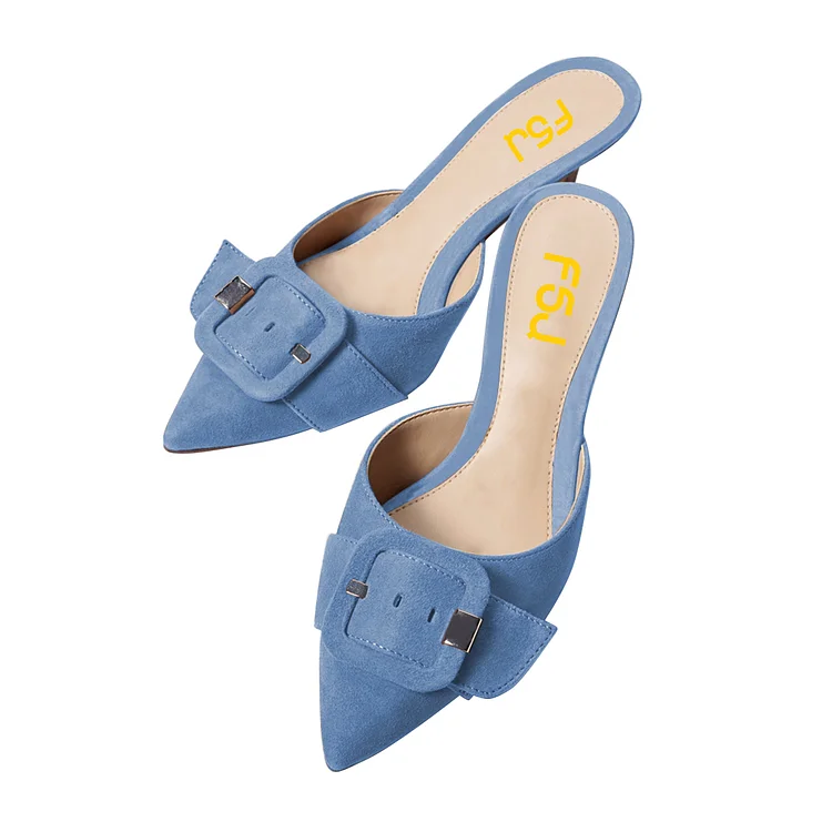 Classic Blue Vegan Suede Pointed Toe Buckle Embellished Mule Heels |FSJ Shoes