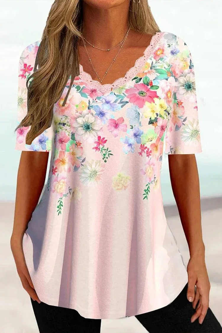 Flycurvy Plus Size Casual Pink Floral Print Lace Panel Blouse