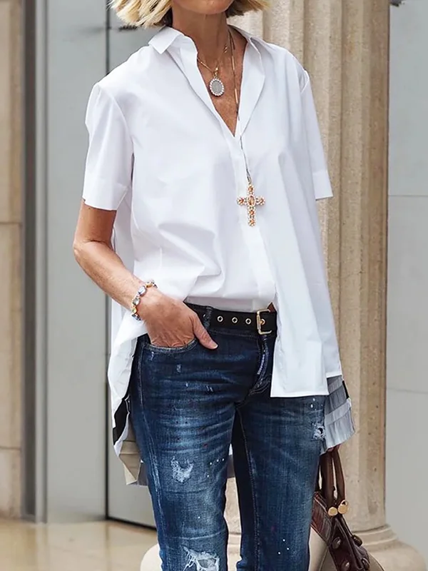 Roomy Short Sleeves Buttoned Striped Lapel Collar Blouses&Shirts Tops