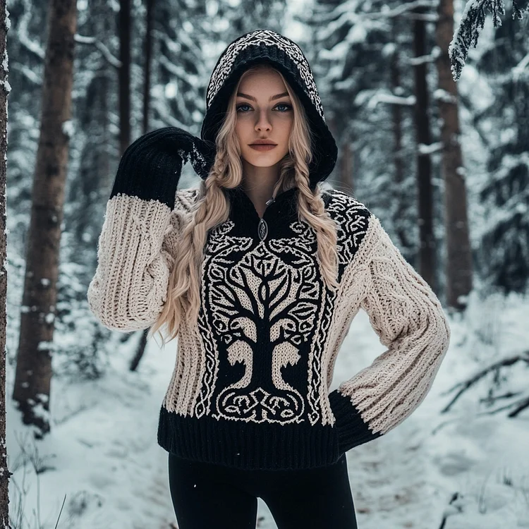 Women's Viking Tree Of Life Jacquard Cozy Chunky Knit Hooded Sweater