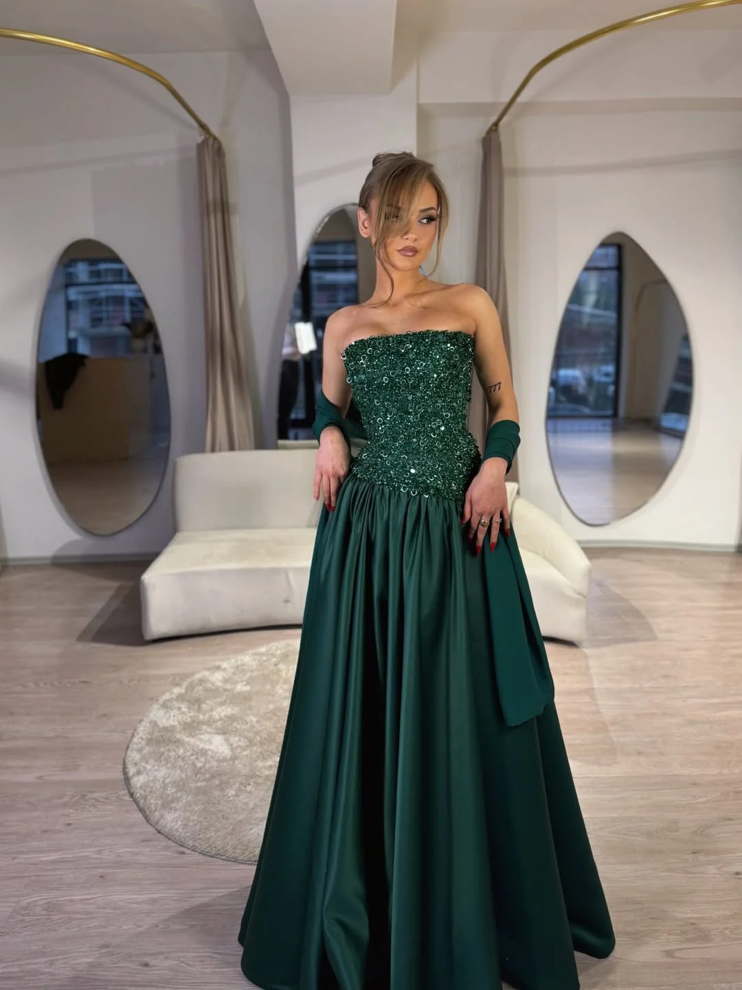 Satin Strapless Sleeveless Long A-Line Prom Dress With Pleated And Sequins | YK0864 Wellcucu