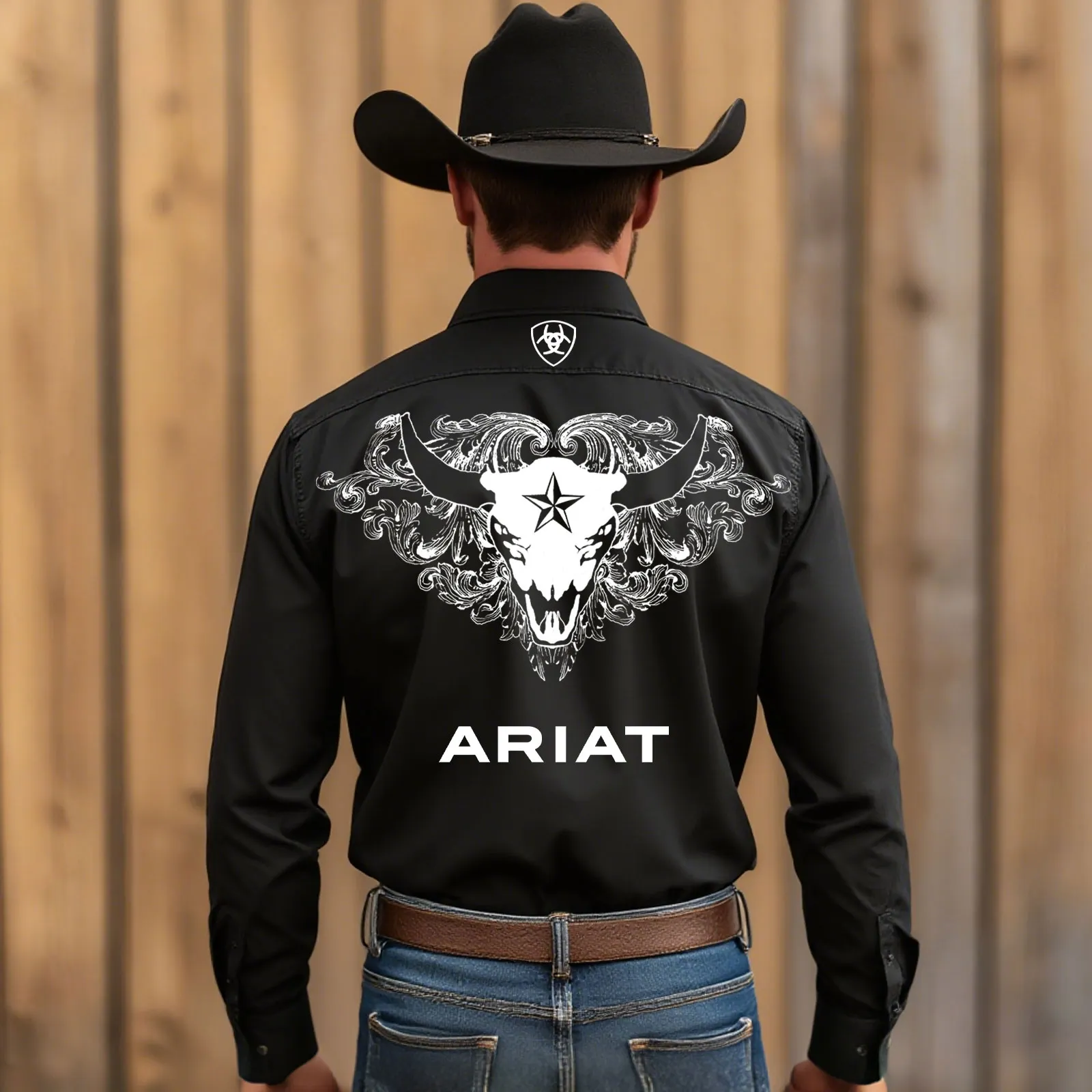 Western Style Long Sleeve Shirt With Bull Skull Graphic Design
