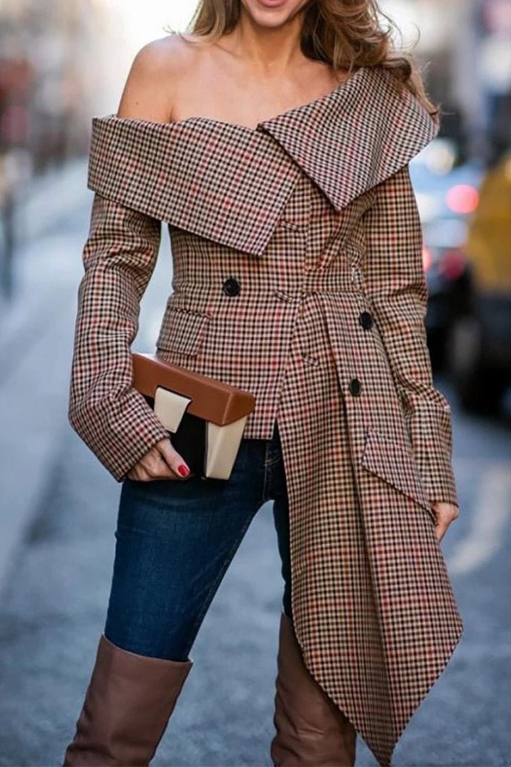 Fashion Asymmetric Plaid Shirt Off Shoulder Long Sleeve Top Coat - BlackFridayBuys