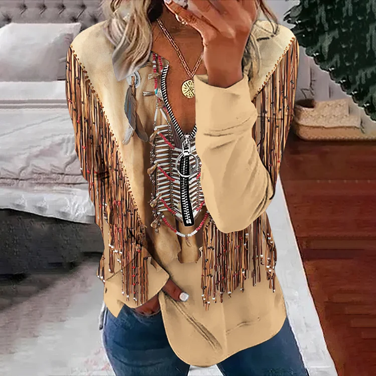 Comstylish Women's Western Vintage Tassels Leather Art Zipper Casual Sweatshirt
