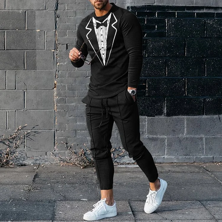 Fun Suit And Tie Print Long Sleeve T-Shirt And Pants