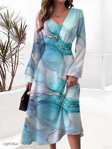 Women's Floral Solid Color Stitching V-neck Long Sleeve Dress