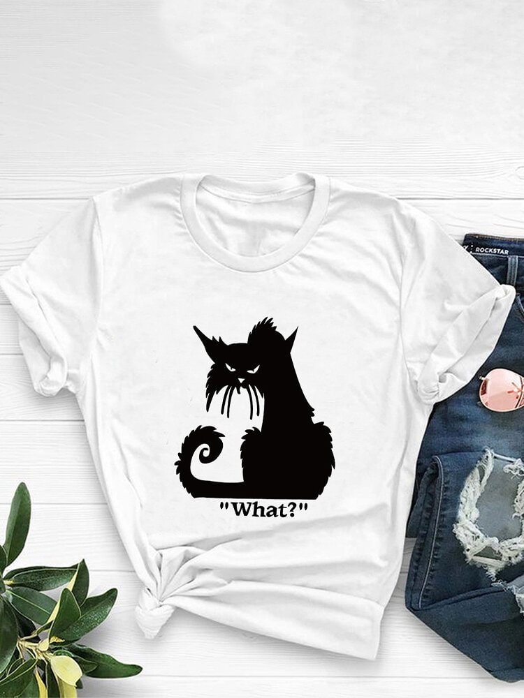 Cartoon Cat Printed Short Sleeve O neck T shirt For Women P1710994