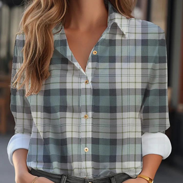Women's Business Casual Plaid Shirt Collar Single Breasted Long Sleeve Blouse